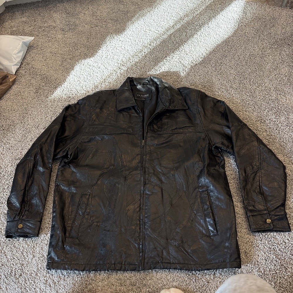 Explorer Leather Jacket Mens XL Black Collared Full Zip Bomber Art Geometric